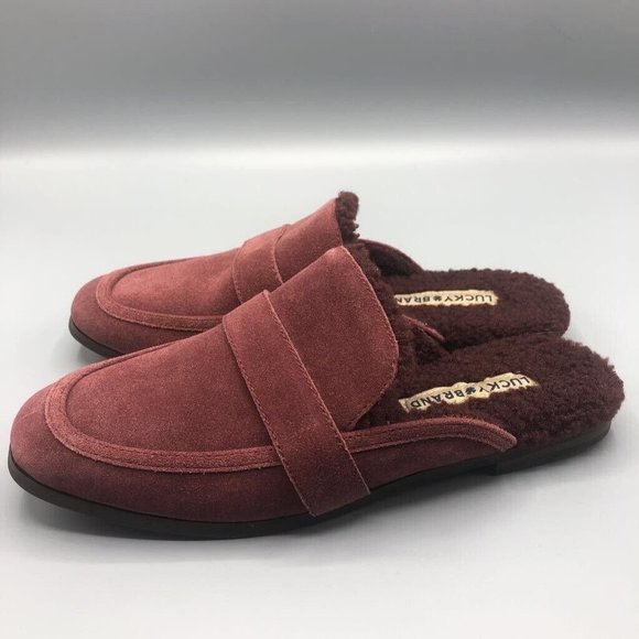 Lucky Brand Shoes - Lucky Brand Womens Caydim Mule Flat Shoes Red Suede Slip On Strap Faux Fur 7 M